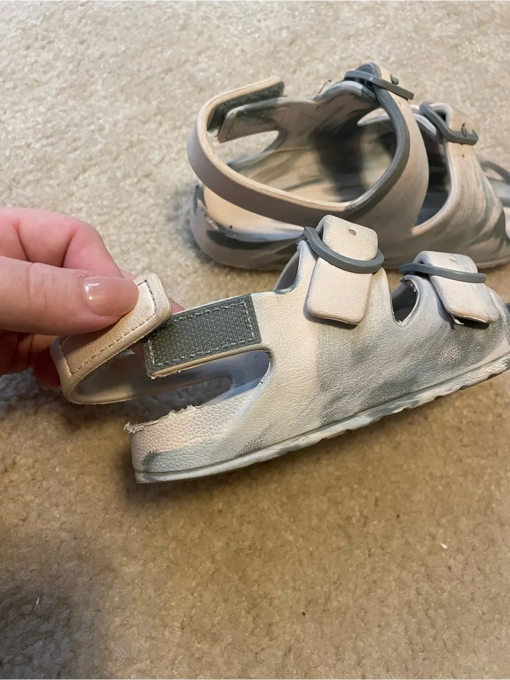 Kids Beige and Gray Velcro Sandals. Toddler size 9-10